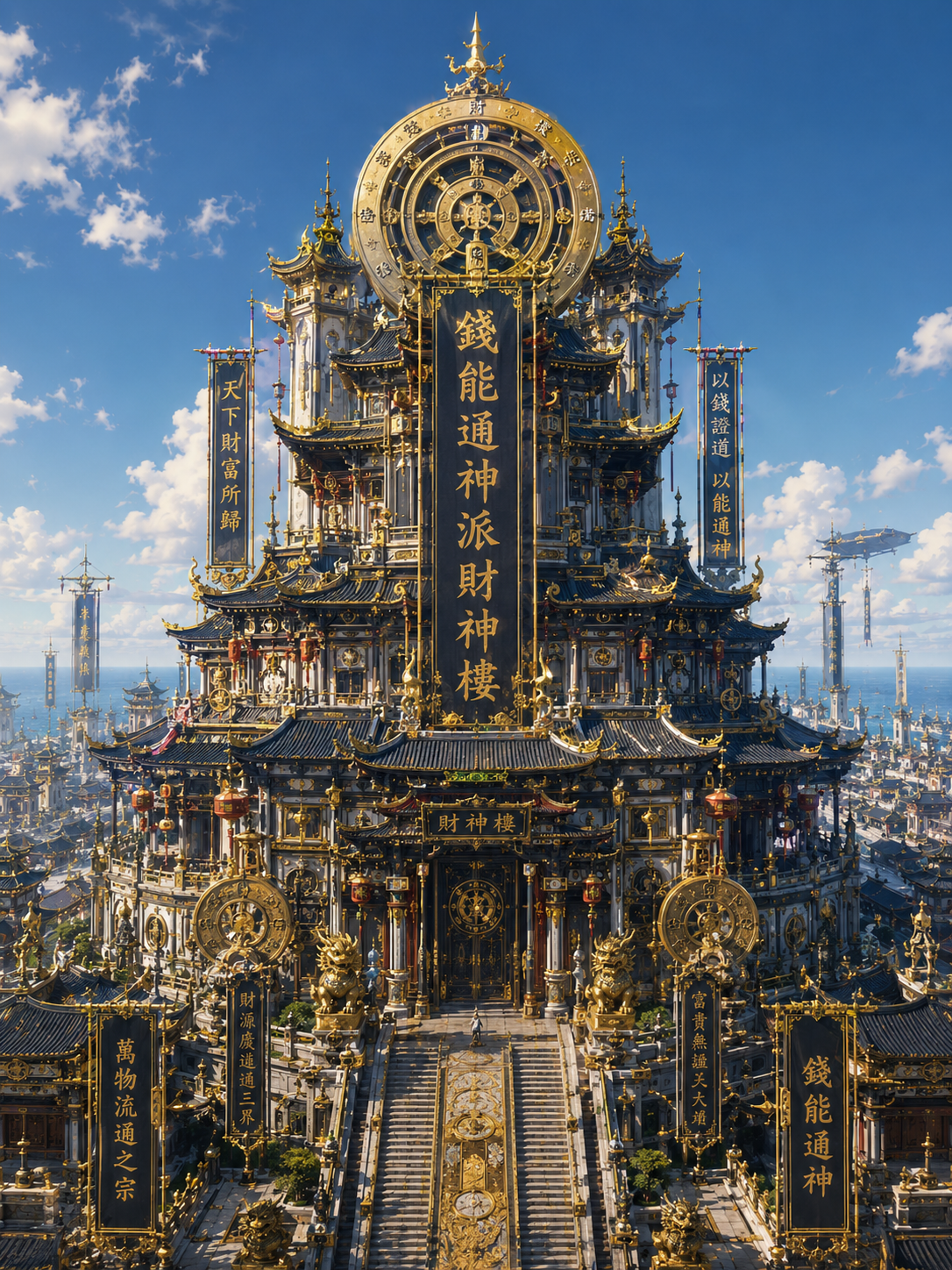 Close view of the Fortune God Tower — Wealth Sect headquarters