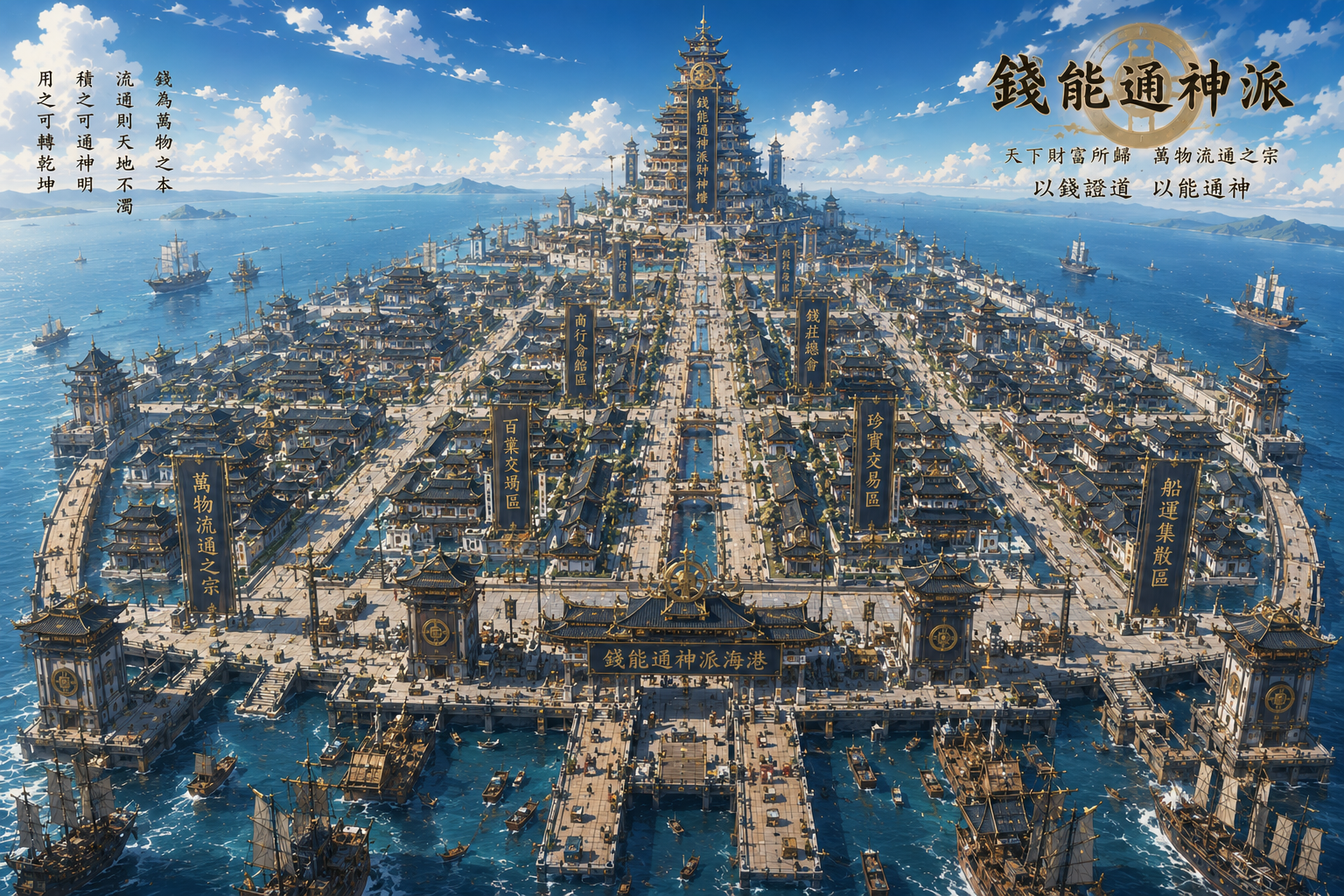 Aerial view of the Wealth Sect harbor, with the Fortune God Tower at its center